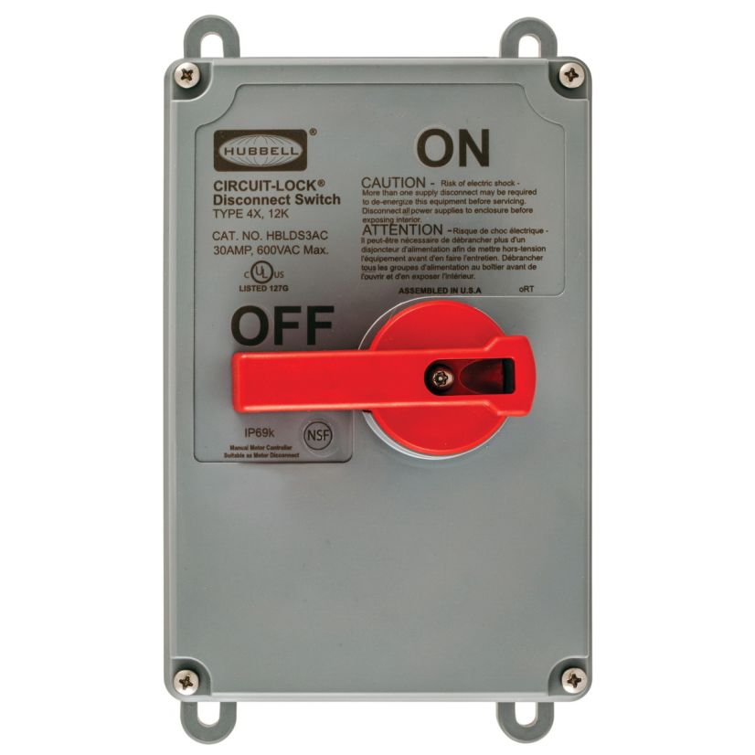 Hubbell Wiring Device-Kellems Circuit-Lock HBLDS3VFD Industrial Grade Labelless Non-Metallic Standard Unfused Disconnect Switch, 600 VAC, 30 A, 15 hp, 2-Position Contact, 3 Poles