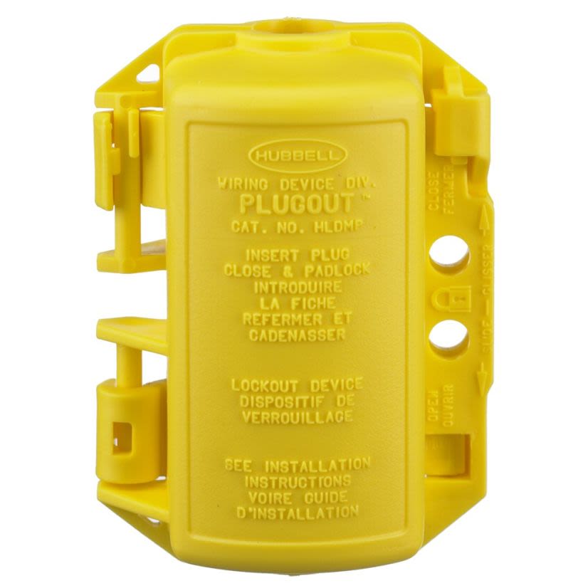Hubbell Wiring Device-Kellems PLUGOUT HLDMP Small Lockout Device, For Use With 15 and 20 A Straight Blade Plugs and 15 A Twist-Lock Plugs, 2 Padlocks, 5/16 in Dia Max Padlock Shackle, Polypropylene, Yellow_Flyer