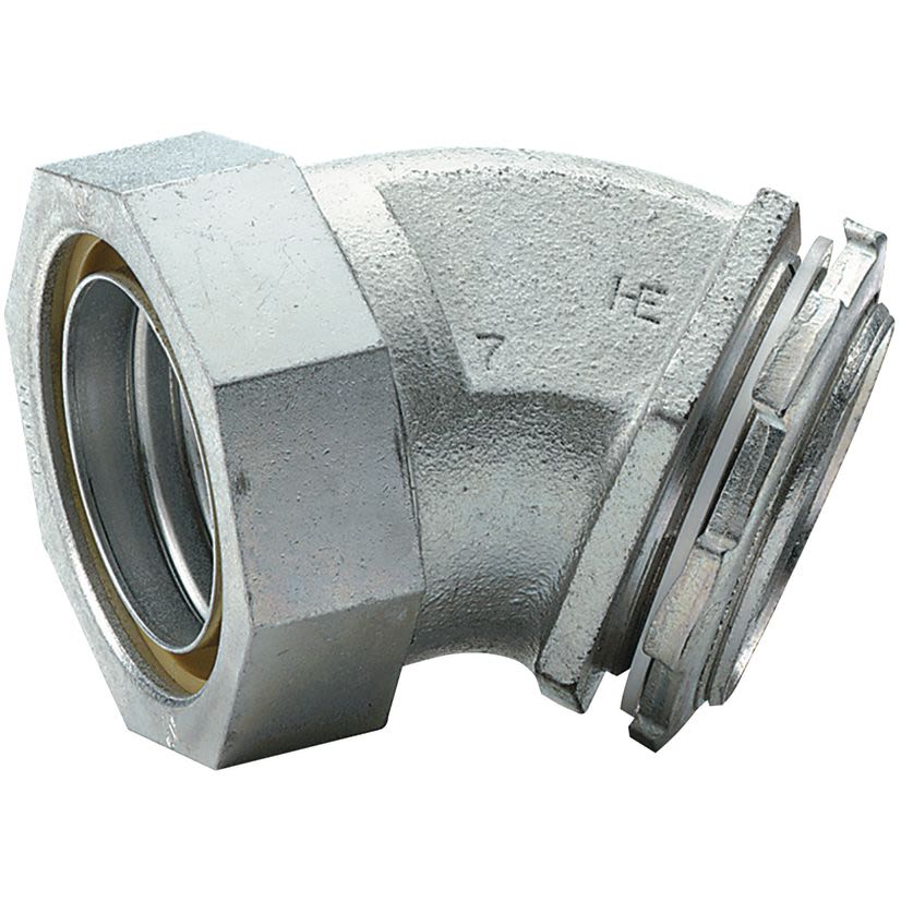 Hubbell Killark K1004 Bare Non-Insulated Liquidtight Conduit Connector, 1 in Trade, 45 deg, Malleable Iron/Steel, Zinc Electro-Plated