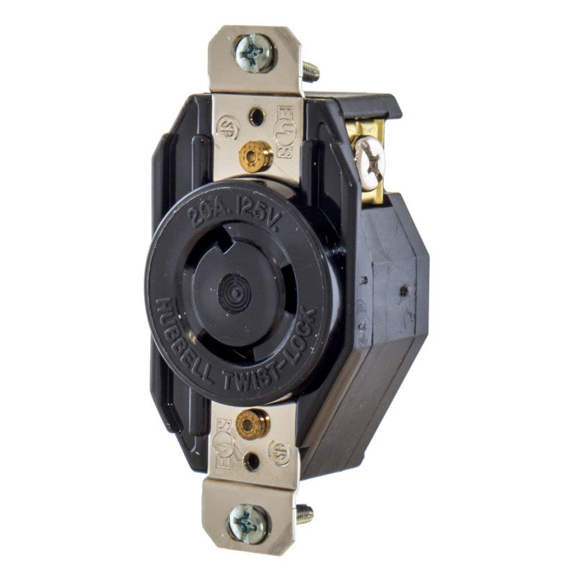 Hubbell Wiring Device-Kellems Select Spec™ Twist-Lock L520R 1-Phase Grounding Standard Single Locking Receptacle, 125 VAC, 20 A, 2 Poles, 3 Wires, Black