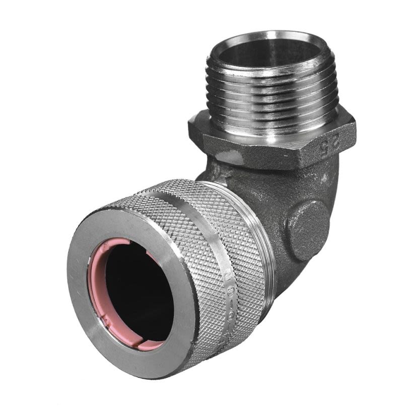 Hubbell Wiring Device-Kellems NHC1044 90 deg Form 4 Standard Duty Cord Connector, 1 in NPT Trade, 1 Conductor, 1 to 1.13 in Cable Openings, Aluminum, Machined