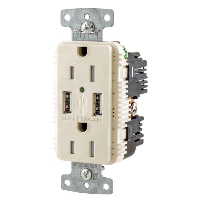 Hubbell Wiring Device-Kellems USB15A5LA USB Charger Duplex Receptacle, 15A 125V,2-Pole 3-Wire Grounding, 5-15R, 2) 5A USB Ports, Light Almond