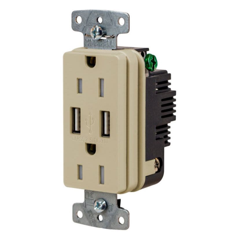 Hubbell Wiring Device-Kellems USB15AI Hubbell-PRO Line Decorator Style USB Charger Duplex Receptacle, 15 A 125 V AC, 1 Phase, 2 Poles, 3 Wires, Ivory