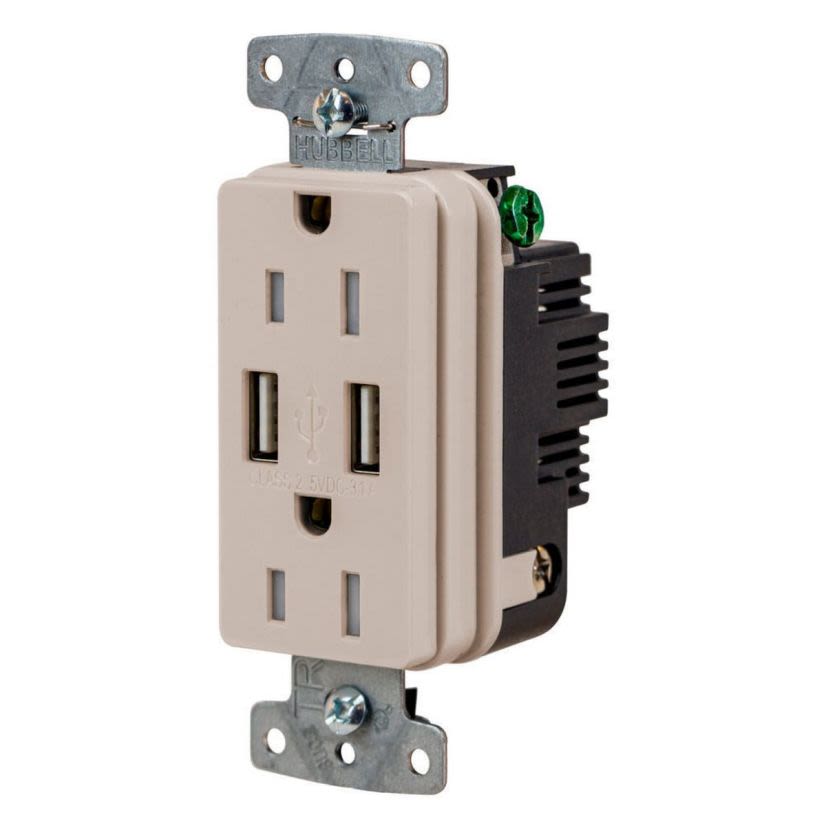 Hubbell Wiring Device-Kellems USB15ALA Hubbell-PRO Line Decorator Style USB Charger Duplex Receptacle, 15 A 125 V AC, 1 Phase, 2 Poles, 3 Wires, Light Almond
