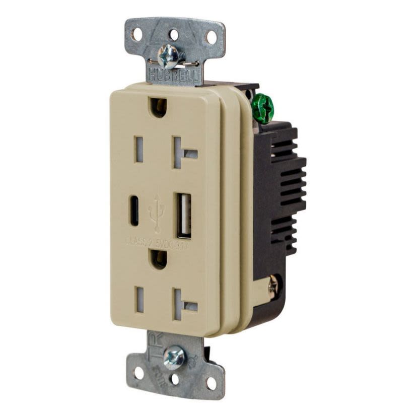 Hubbell Wiring Device-Kellems USB20ACI Hubbell-PRO Line Decorator Style USB Charger Duplex Receptacle, 20 A 125 V AC, 1 Phase, 2 Poles, 3 Wires, Ivory