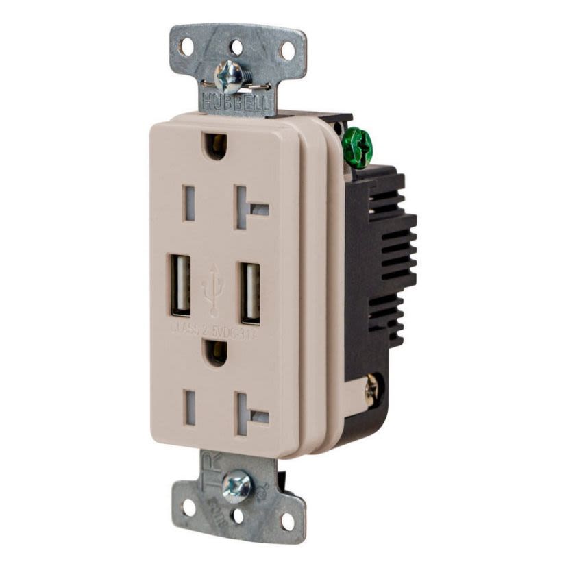 Hubbell Wiring Device-Kellems USB20ALA Hubbell-PRO Line Decorator Style USB Charger Duplex Receptacle, 20 A 125 V AC, 1 Phase, 2 Poles, 3 Wires, Light Almond