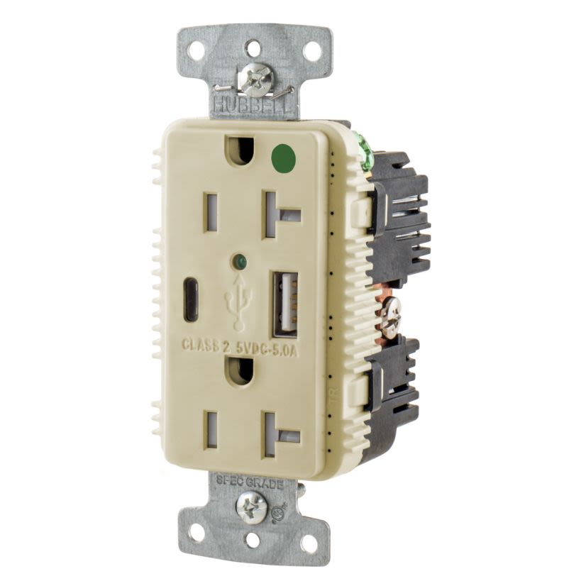 Hubbell Wiring Device-Kellems USB8300AC5I Duplex Grounding Tamper-Resistant Standard USB Charger Receptacle With Green LED, 20 A, 125 VAC, 1 hp, 2500 W, 1 ph Phase, 2 Poles, 3 Wires, Ivory