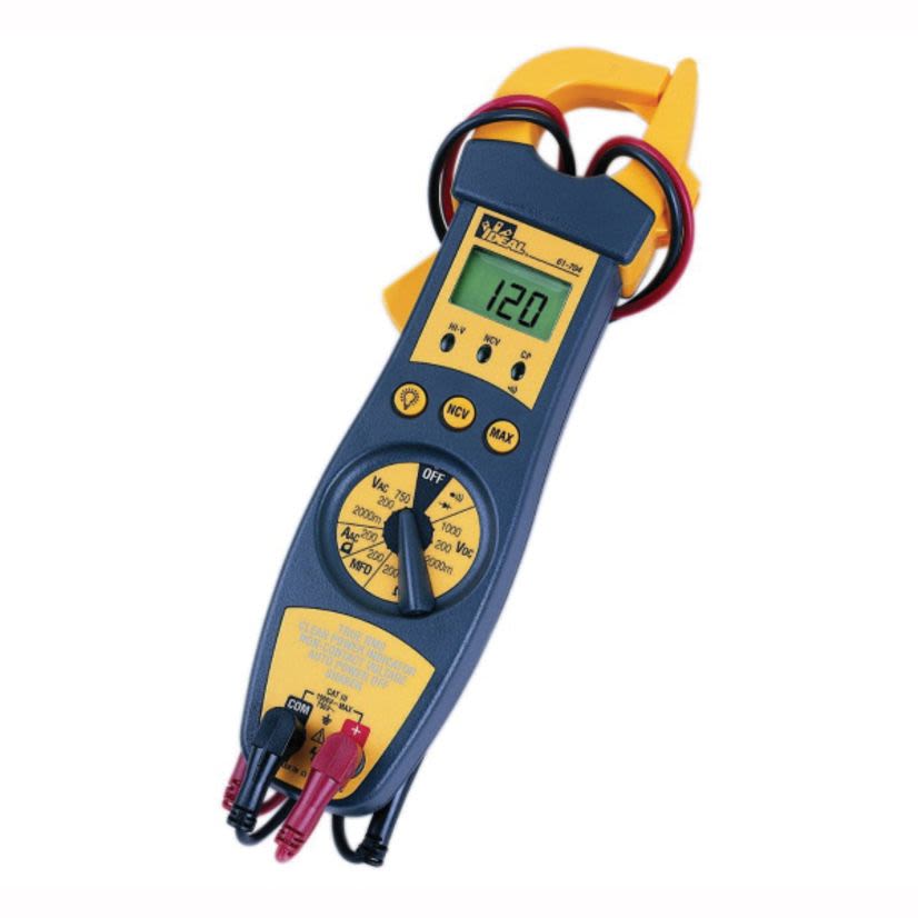 IDEAL 61-704 4-in-1 Clamp Meter, 200 A, 2000m/200/750 V AC, 2000m/200/1000 V DC, 200 kOhm, 50/60 Hz, 1.3 in Jaw, LCD Display