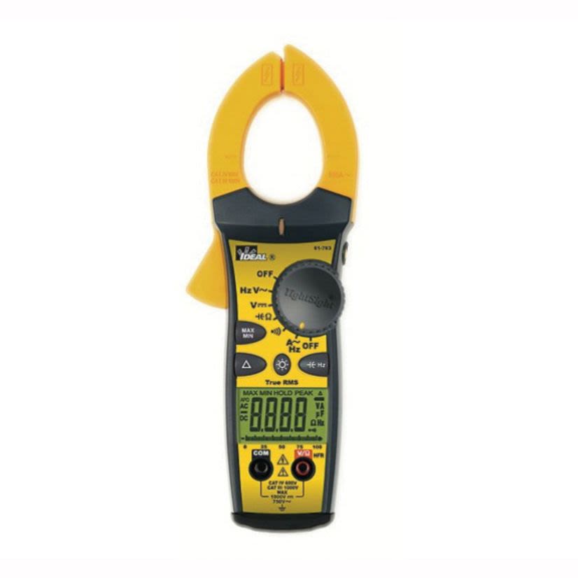 IDEAL TightSight 61-763 Clamp Meter, 0 to 750 V AC, 0 to 999 V DC, 0 to 660 A AC/DC, 0 to 999.9/1000 to 9999 Ohm, 20 to 400 Hz, 1.42 in Jaw, Backlit LCD Display