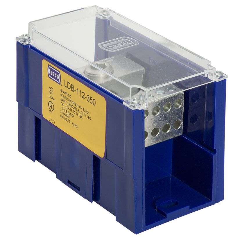 nVent ILSCO LDB-22-350 Type LDB Dual Rated Mechanical Power Distribution Block With Clear Cover, 600 VAC, 620 A, 1 Pole, 6 AWG to 350 kcmil Wire, Aluminum Alloy