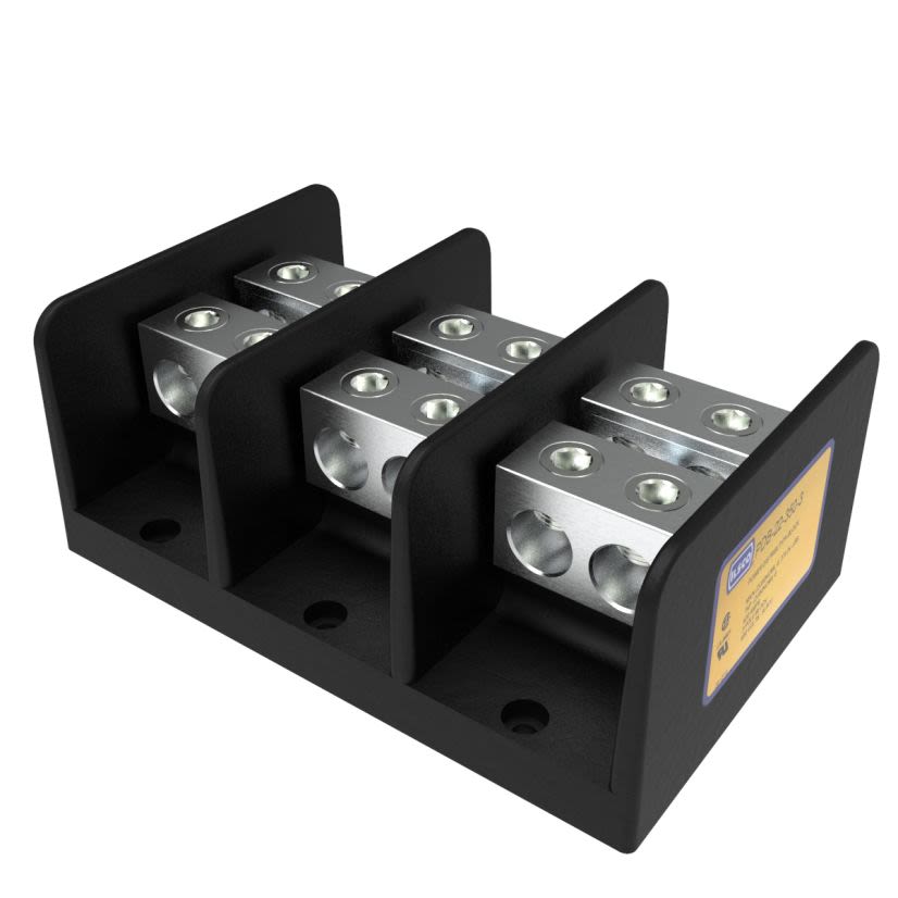 nVent ILSCO PDB-22-350-3 Type PDB Large Mechanical Power Distribution Block, 600 VAC, 620 A, 3 Poles, 6 AWG to 350 kcmil Wire, Aluminum Alloy