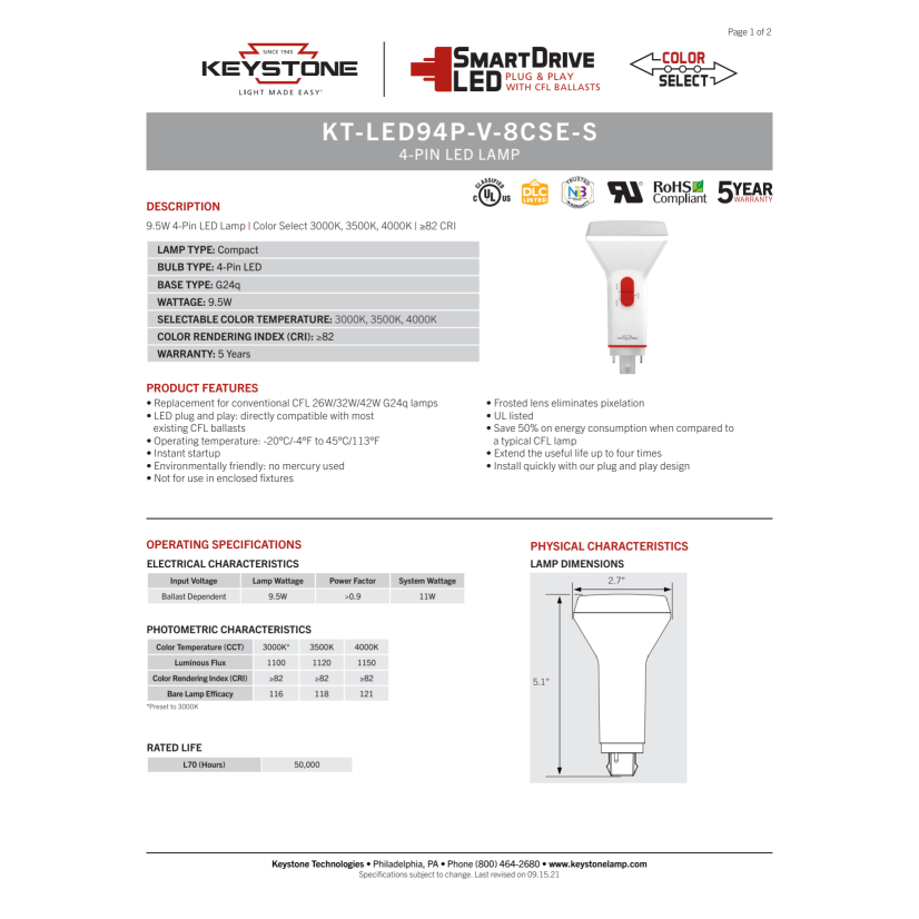 Keystone KT-LED94P-V-8CS-S LED PL Bulb