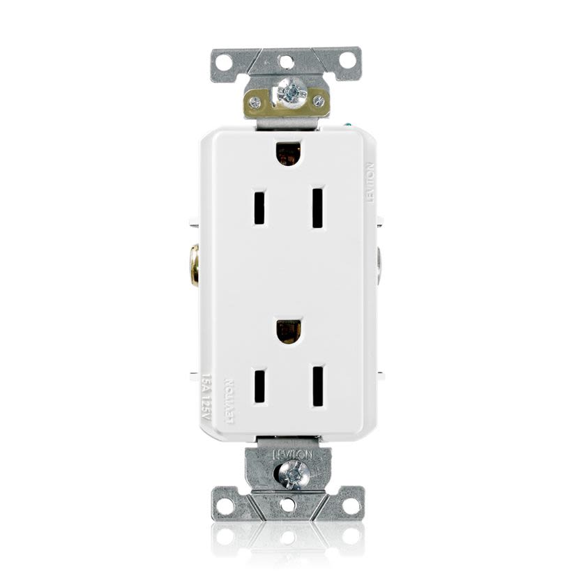 Leviton® Decora® Plus 16252-W Heavy Duty Self Grounding Straight Blade Duplex Receptacle, 125 VAC, 15 A, 2 Poles, 3 Wires, White