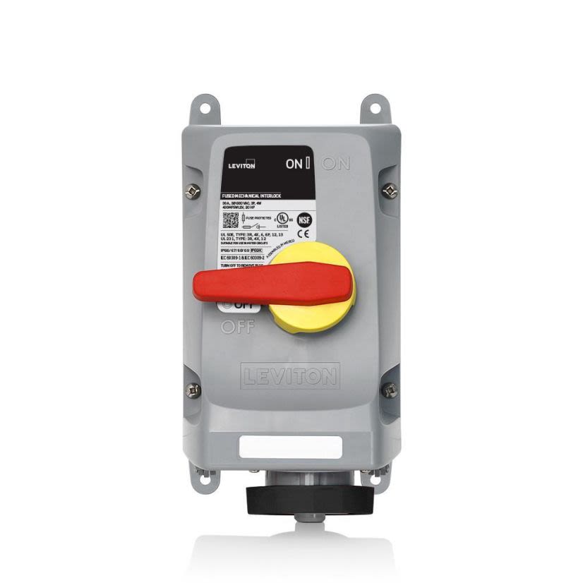 Leviton 430MF5WLEV Fused Watertight Pin and Sleeve Mechanical Interlock, 600 V AC, 30 A, 3 Poles, 4 Wires