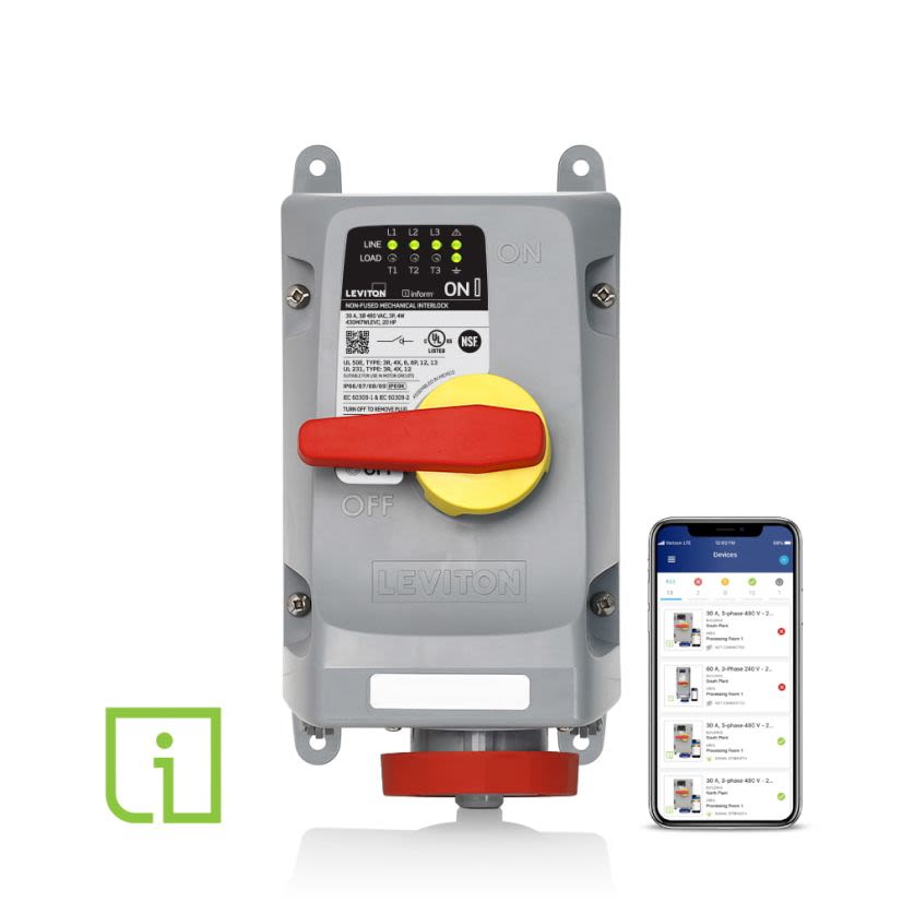 Leviton 430MI7WLEVC LEV Series 3-Phase Industrial Grade Non-Fused North American Rated Watertight Pin and Sleeve Mechanical Interlock Device With Remote Monitoring via Wi-Fi Communication, Inform Technology, 480 V AC, 30 A, 3 Poles, 4 Wires