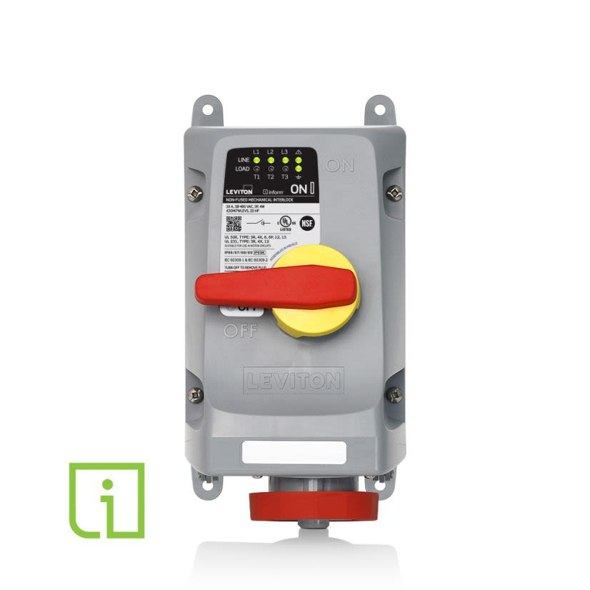 Leviton 430MI7WLEVS LEV Series 3-Phase Industrial Grade Non-Fused North American Rated Watertight Pin and Sleeve Mechanical Interlock Device With On-Device Local Monitoring Sensing, Inform Technology, 480 V AC, 30 A, 3 Poles, 4 Wires