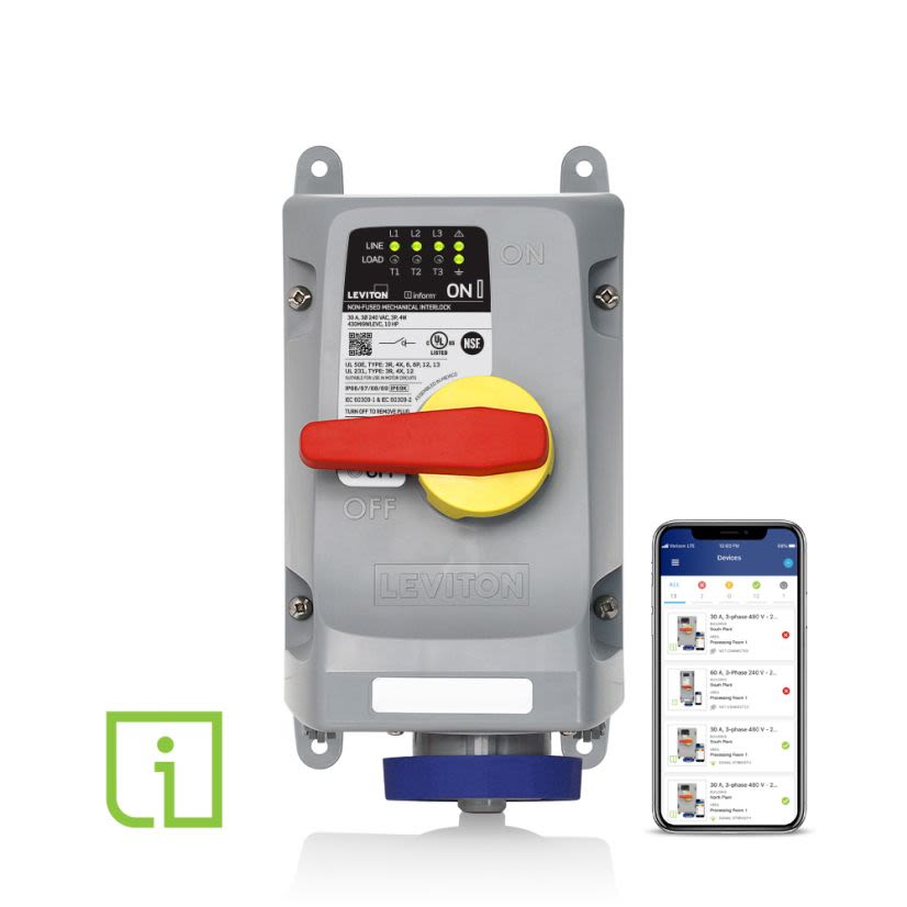 Leviton 430MI9WLEVC LEV Series 3-Phase Industrial Grade Non-Fused North American Rated Watertight Pin and Sleeve Mechanical Interlock Device With Remote Monitoring via Wi-Fi Communication, Inform Technology, 240 V AC, 30 A, 3 Poles, 4 Wires