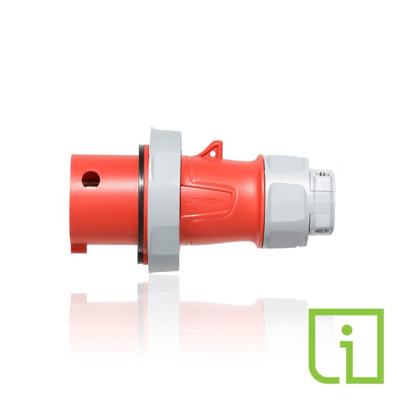 Leviton 430P7WLEVPI LEV Series 3-Phase Dustight North American Rated Watertight Pin and Sleeve Plug With Power Indication, Standard Clamp, Inform Technology, 480 V AC, 30 A, 3 Poles, 4 Wires, Red