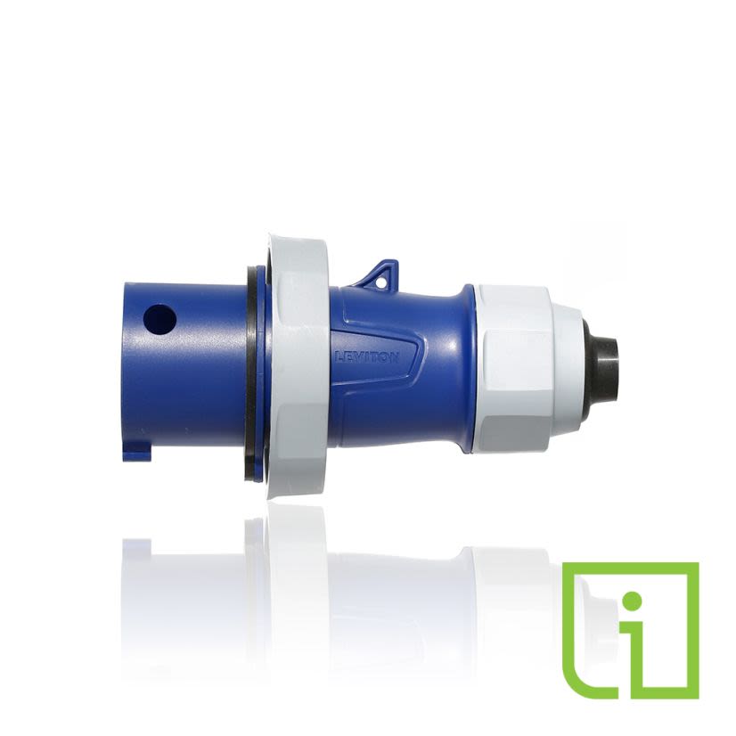 Leviton 430P9WLEVPIA LEV Series 3-Phase Dustight North American Rated Watertight Pin and Sleeve Plug With Alternate Screwless Clamp, Power Indication, Inform Technology, 250 V AC, 30 A, 3 Poles, 4 Wires, Blue