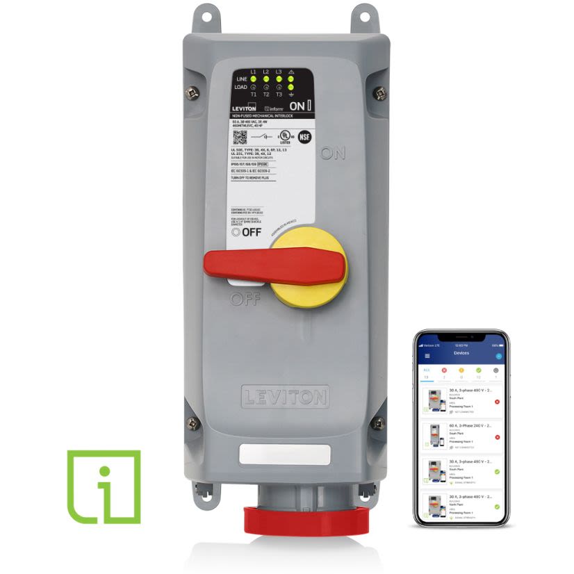 Leviton 460MI7WLEVC LEV Series 3-Phase Industrial Grade Non-Fused North American Rated Watertight Pin and Sleeve Mechanical Interlock Device With Remote Monitoring via Wi-Fi Communication, Inform Technology, 480 V AC, 60 A, 3 Poles, 4 Wires