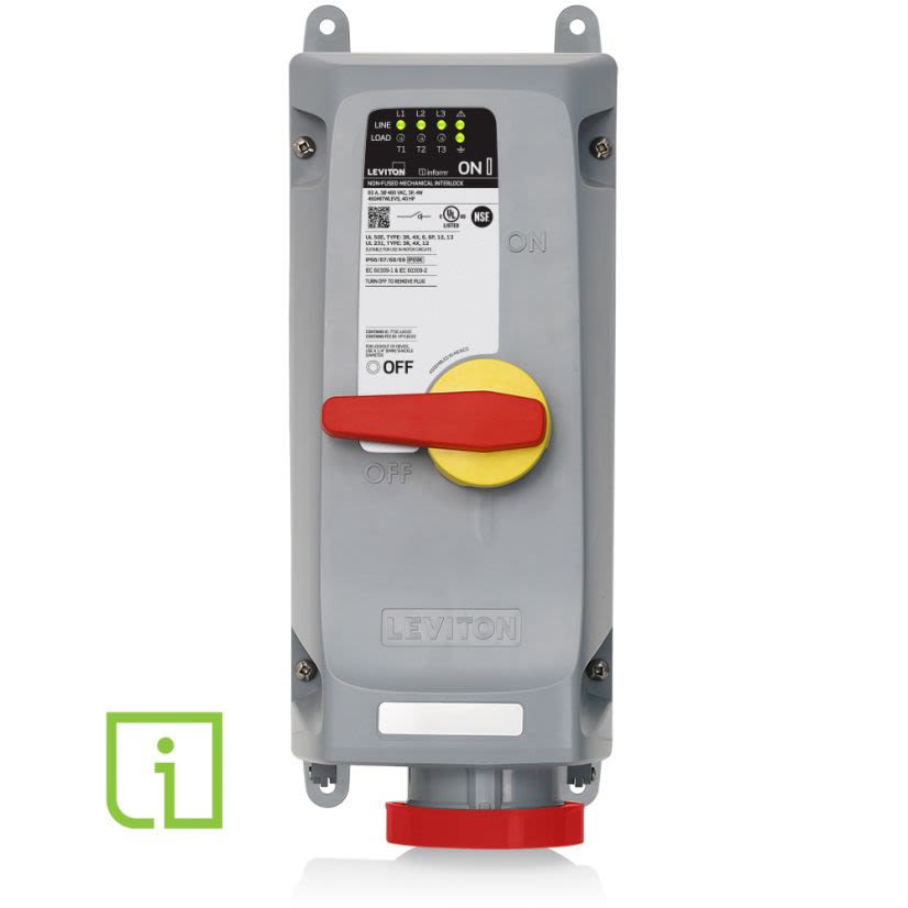 Leviton 460MI7WLEVS LEV Series 3-Phase Industrial Grade Non-Fused North American Rated Watertight Pin and Sleeve Mechanical Interlock Device With On-Device Local Monitoring Sensing, Inform Technology, 480 V AC, 60 A, 3 Poles, 4 Wires