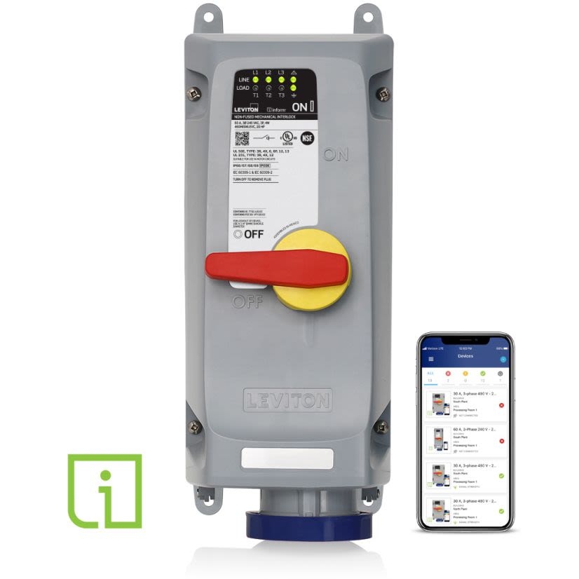 Leviton 460MI9WLEVC LEV Series 3-Phase Industrial Grade Non-Fused North American Rated Watertight Pin and Sleeve Mechanical Interlock Device With Remote Monitoring via Wi-Fi Communication, Inform Technology, 240 V AC, 60 A, 3 Poles, 4 Wires