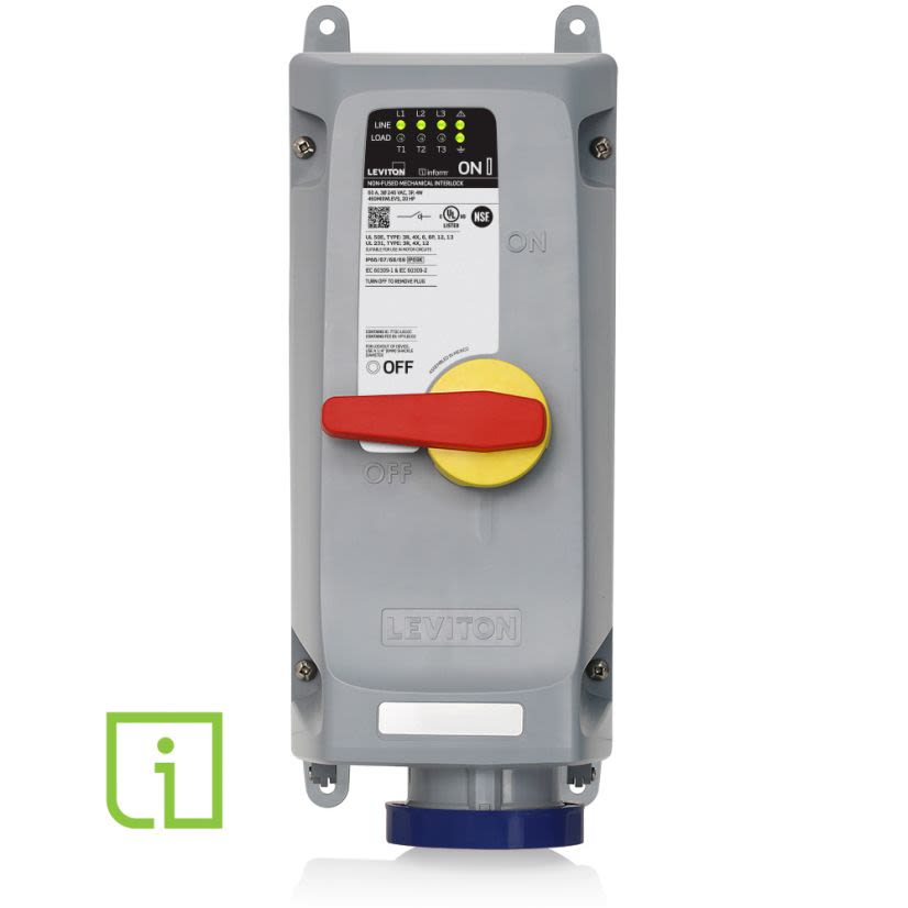 Leviton 460MI9WLEVS LEV Series 3-Phase Industrial Grade Non-Fused North American Rated Watertight Pin and Sleeve Mechanical Interlock Device With On-Device Local Monitoring Sensing, Inform Technology, 240 V AC, 60 A, 3 Poles, 4 Wires