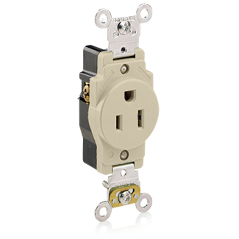Leviton® 5261-I 1-Phase Heavy Duty Single Straight Blade Receptacle, 125 VAC, 15 A, 2 Poles, 3 Wires, Ivory