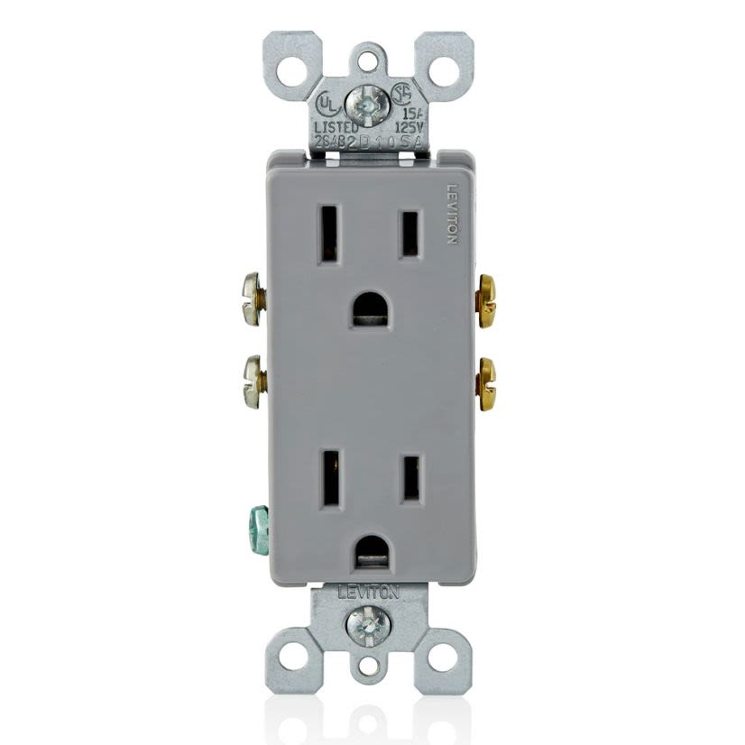 Leviton® Decora® 5325-GY Duplex Grounding Straight Blade Receptacle, 125 VAC, 15 A, 2 Poles, 3 Wires, Gray