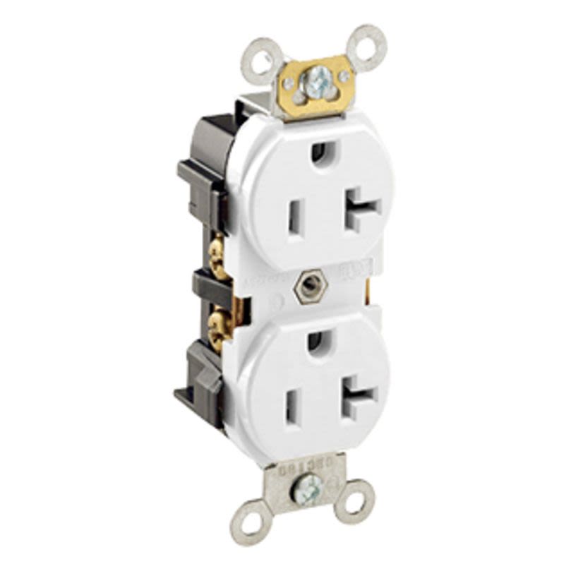 Leviton® 5352-W Heavy Duty Straight Blade Duplex Receptacle, 125 VAC, 20 A, 2 Poles, 3 Wires, White