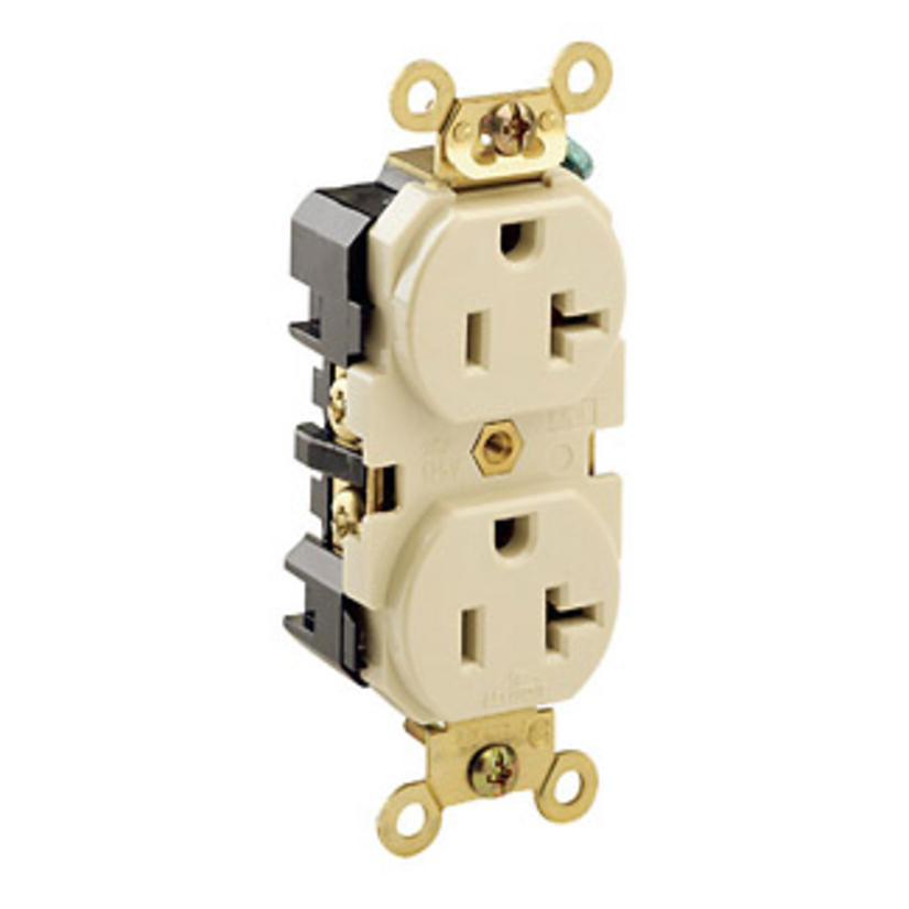 Leviton® 5362-I 1-Phase Duplex Extra Heavy Duty Straight Blade Receptacle, 125 VAC, 20 A, 2 Poles, 3 Wires, Ivory