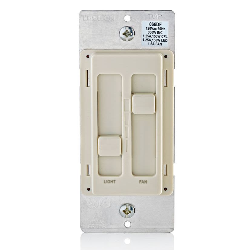 Leviton Decora SureSlide 66DF-10T 1-Pole Non-Preset Universal Unlighted Fan and Light Control, 120 V AC, 1.5 A, Quiet Operational Mode, Light Almond