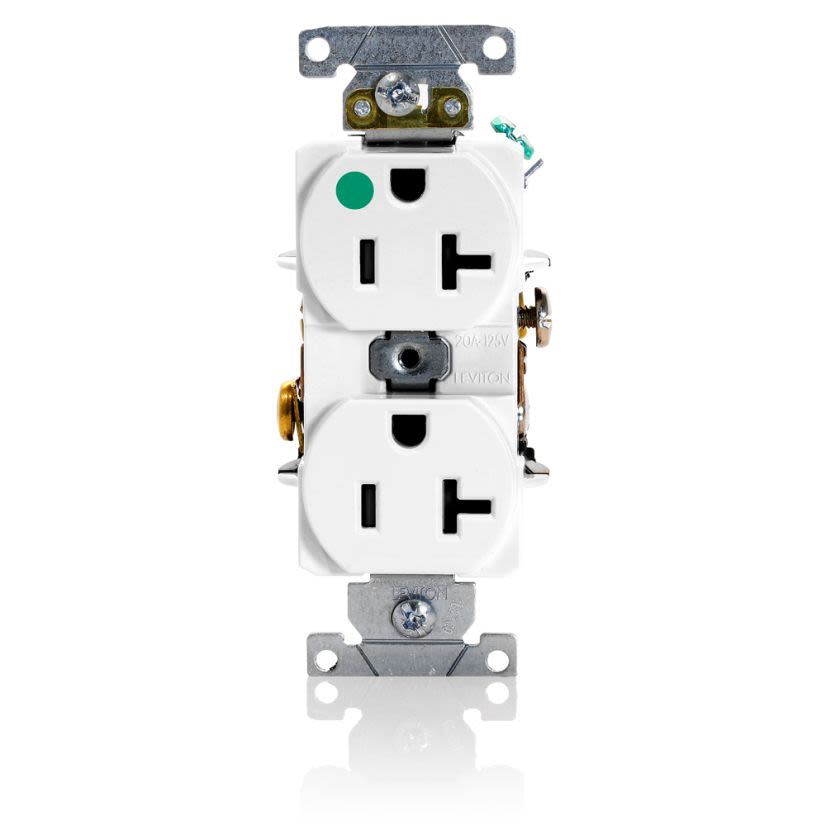 Leviton 8300-HW Heavy Duty Slim Body Straight Blade Duplex Receptacle, 125 V AC, 20 A, 2 Poles, 3 Wires, White
