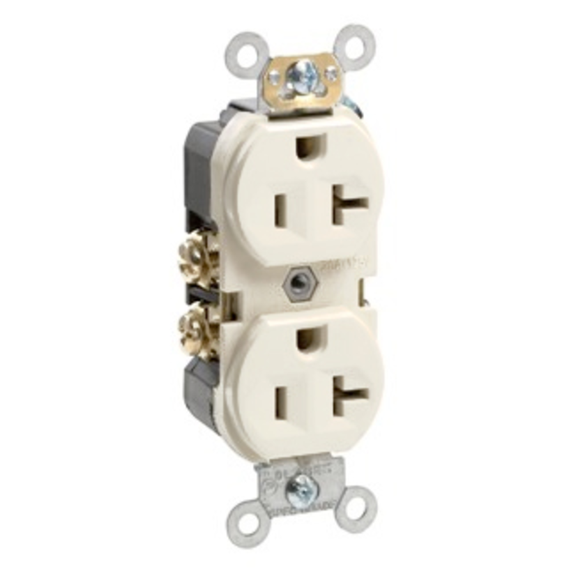 Leviton BR20-T 1-Phase Duplex Heavy Duty Straight Blade Receptacle, 125 V AC, 20 A, 2 Poles, 3 Wires, Light Almond
