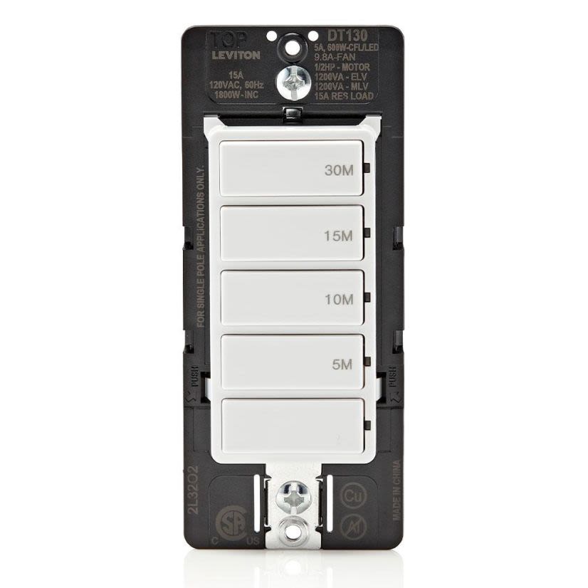 Leviton DT130-1LW Residential Timer Switches, 30 min Setting, 120 V AC, 1/2 hp, NO Contact, 1 Poles