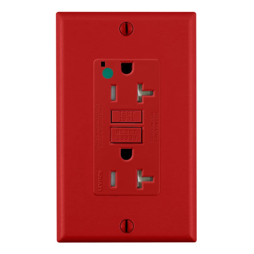 Leviton SmartlockPro Slim GFTR2-HGR Feed Through Self-Test Tamper Resistant GFCI Receptacle, 125 V AC, 20 A, 2 Poles, 3 Wires, Red
