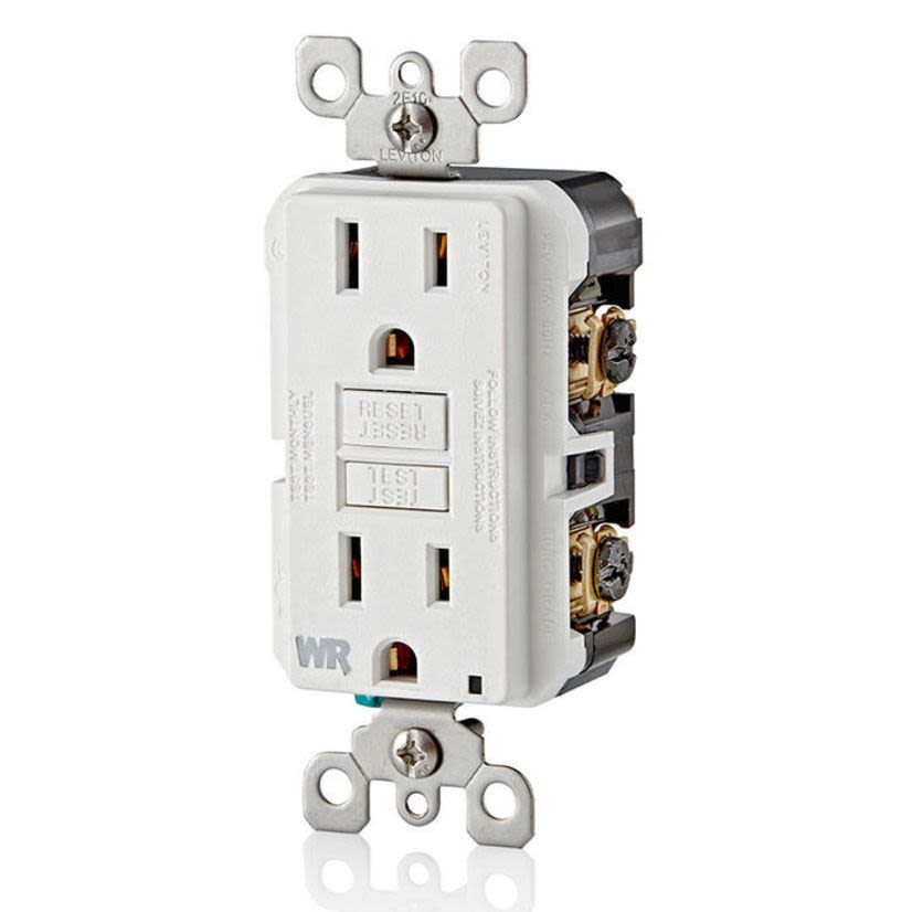 Leviton SmartlockPro Slim GFWR1-W Feed Through Non-Tamper Resistant Weather Resistant Self-Test GFCI Receptacle With LED Indicator, 125 V AC, 15 A, 2 Poles, 3 Wires, White