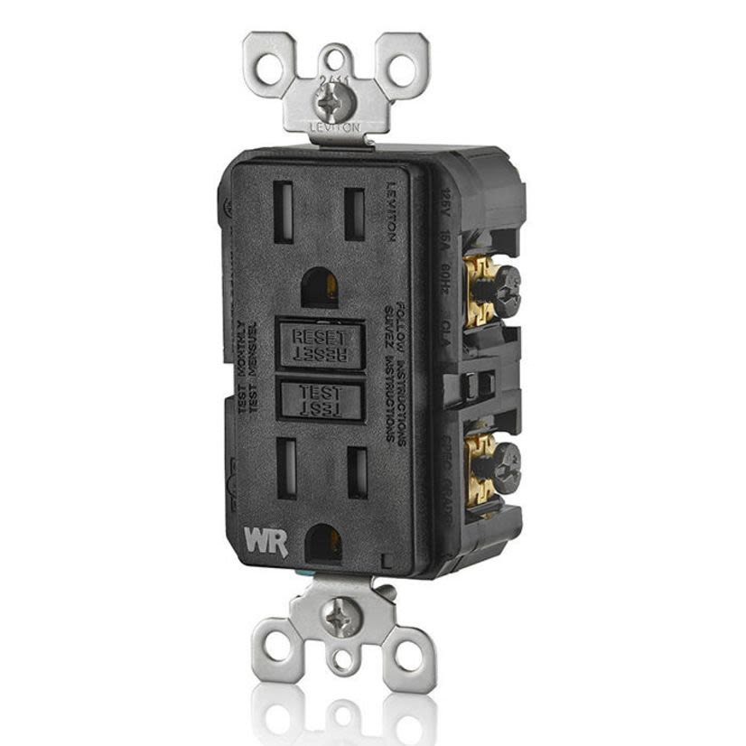 Leviton GFWT1-E Duplex Feed Through Self-Test Slim Tamper/Weather Resistant GFCI Receptacle With Black Test, Reset Button, 125 V AC, 15 A, 2 Poles, 3 Wires, Black