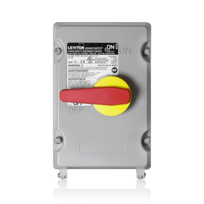 Leviton PowerswitchLDS30-FAX Type J Fused Non-Metallic Disconnect Switch, 600 V AC, 30 A, 3 hp, 20 hp, 3 Poles
