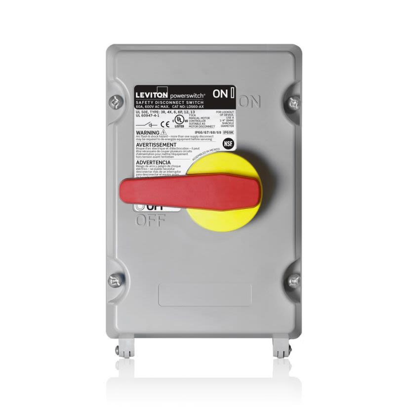 Leviton Powerswitch LDS60-AC Non-Metallic Non-Fused Safety Disconnect Switch With Factory Installed Auxiliary Contact, 600 V AC, 60 A, 10 hp, 40 hp