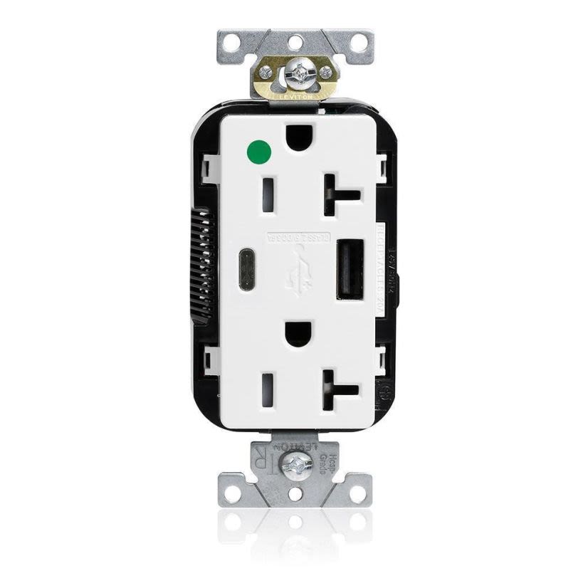 Leviton Lev-Lok Decora Plus M58AC-HGW Combination Extra Heavy Duty Self-Grounding Smooth Face Tamper-Resistant Duplex Receptacle and USB Charger, 125 V AC, 20 A, 2 Poles, 3 Wires, White