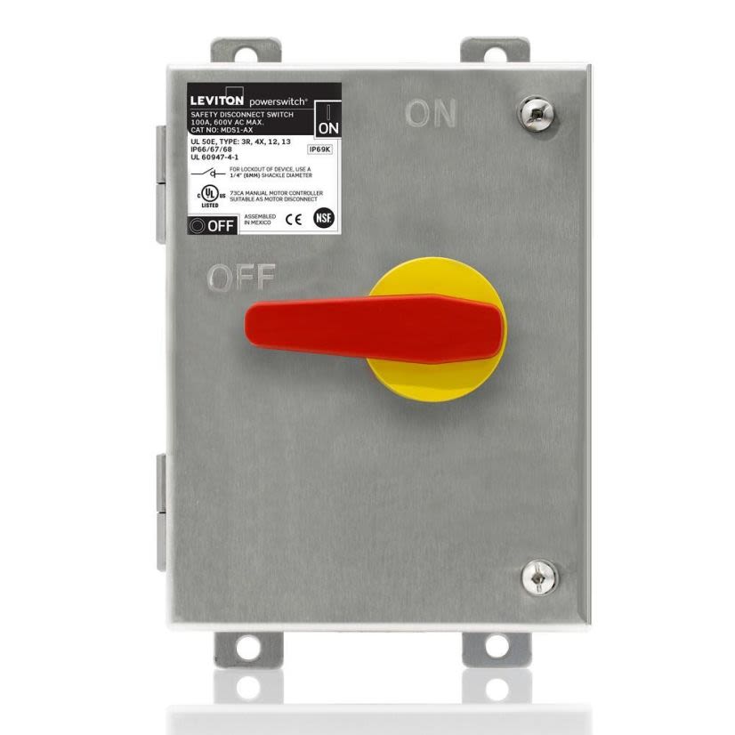 Leviton Powerswitch MDS1-AC Metallic Non-Fused Safety Disconnect Switch With Factory Installed Auxiliary Contact, 600 V AC, 100 A, 30 hp, 50 hp