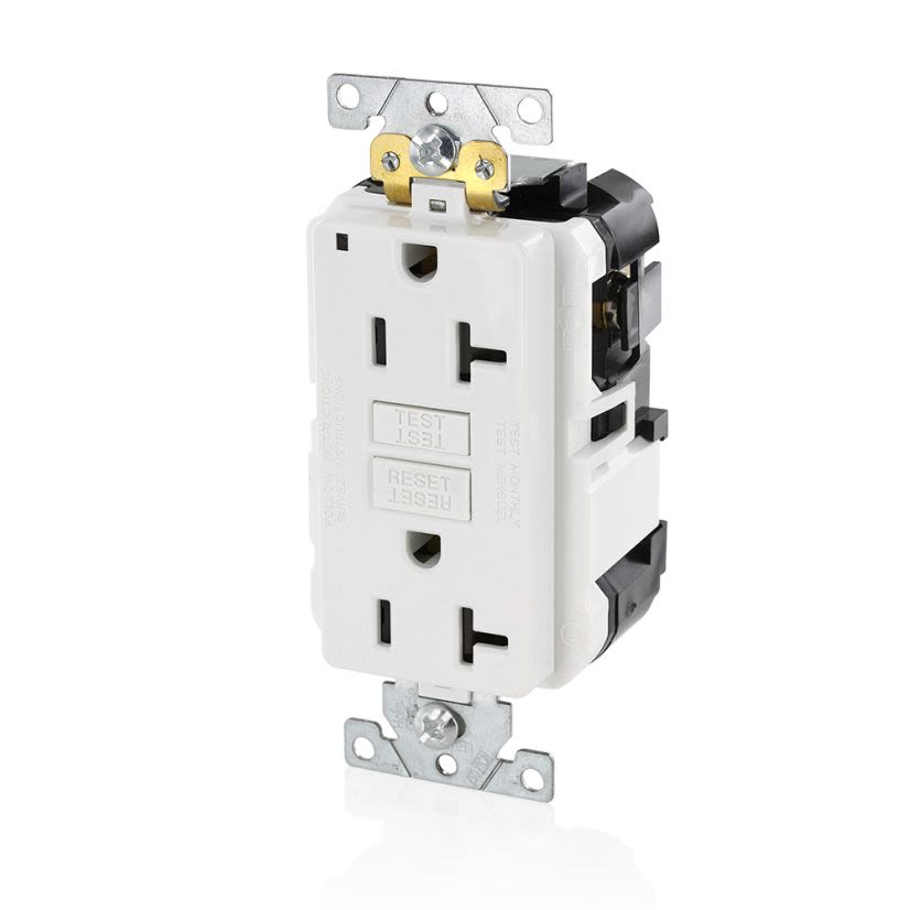 Leviton SmartlockPro Slim MGFN2-W Duplex Feed Through Self-Test GFCI Receptacle, 125 V AC, 20 A, 2 Poles, 3 Wires, White