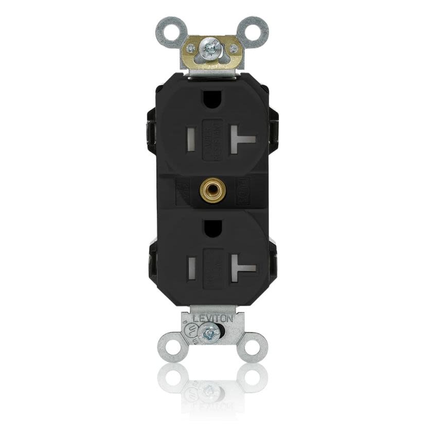 Leviton Lev-Lok MT563-SE 1-Phase Duplex Heavy Duty Self-Grounding Tamper Resistant Straight Blade Receptacle, 125 V AC, 20 A, 2 Poles, 3 Wires, Black