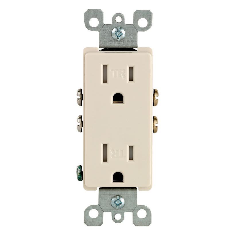 Leviton Decora® T5325-T Duplex Tamper Resistant Straight Blade Receptacle, 125 VAC, 15 A, 2 Poles, 3 Wires, Light Almond