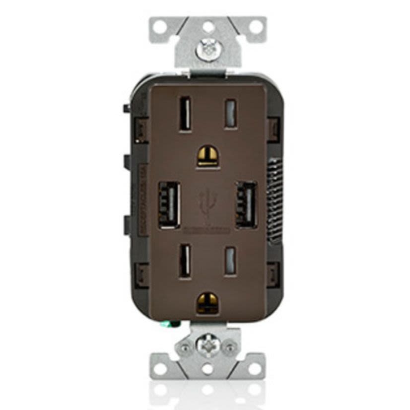 Leviton T5632-B Grounding Tamper-Resistant Receptacle and USB Charger, 15 A, 125 V AC, 0.5 hp, 2 Poles, 3 Wires, Brown
