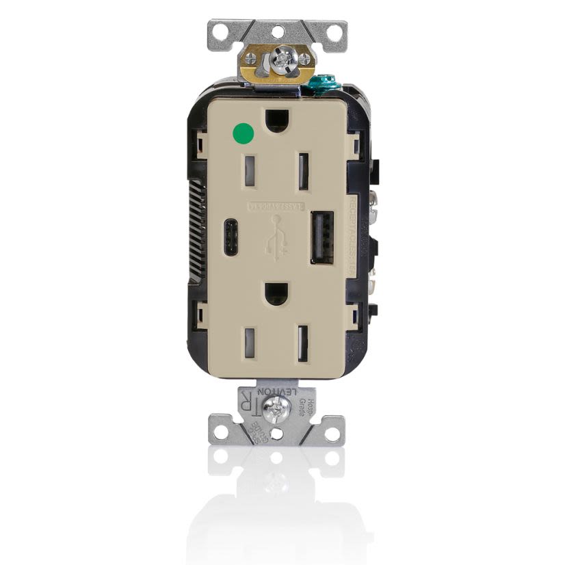Leviton Decora T5633-HGI Heavy Duty Combination USB Charger/Duplex Receptacle, 15 A, 125 V AC, 25 W, 2 Poles, 3 Wires, Ivory