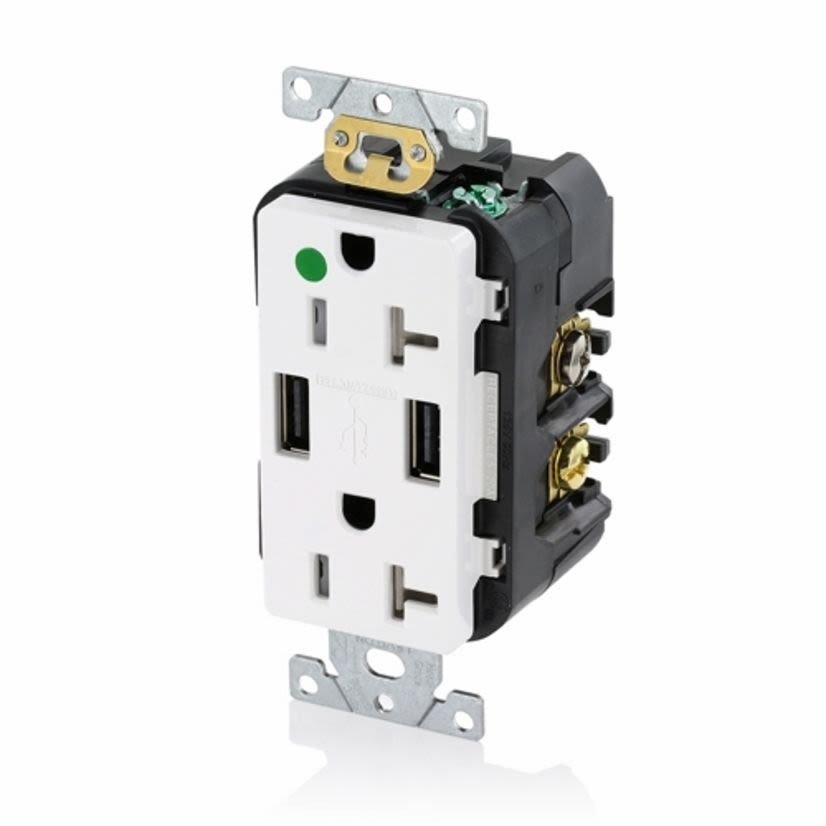 Leviton T5832-HGW Type A Combination Duplex Tamper-Resistant Receptacle and USB Charger, 20 A, 125 V AC, 1 hp, 2 Poles, 3 Wires, White