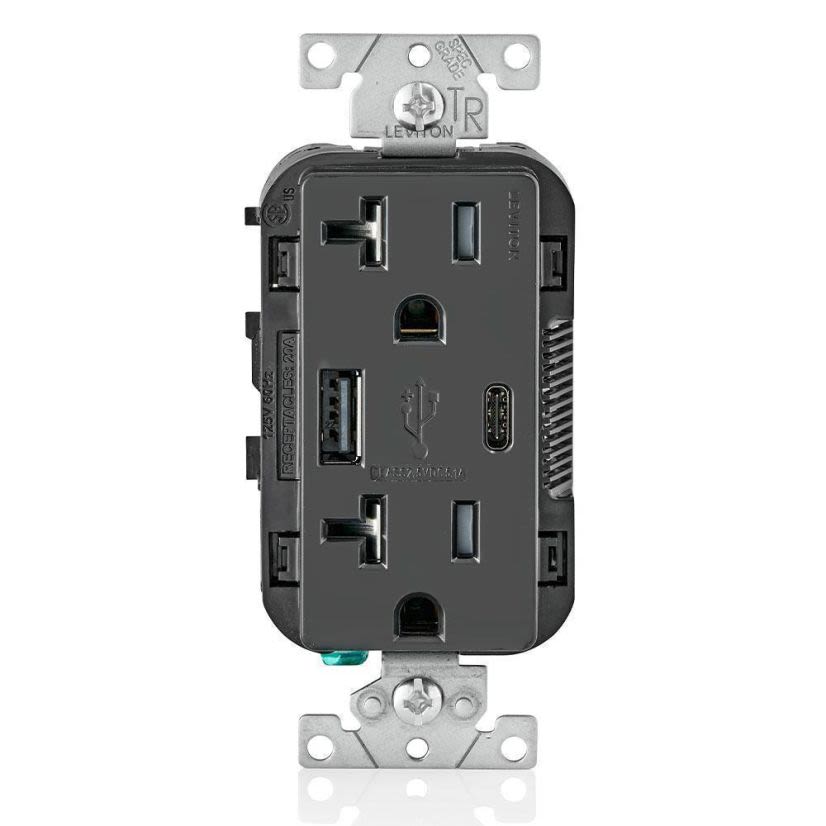 Leviton Decora T5833-E Combination Grounding Tamper-Resistant Duplex Receptacle and USB Charger, 125 V AC, 20 A, Black
