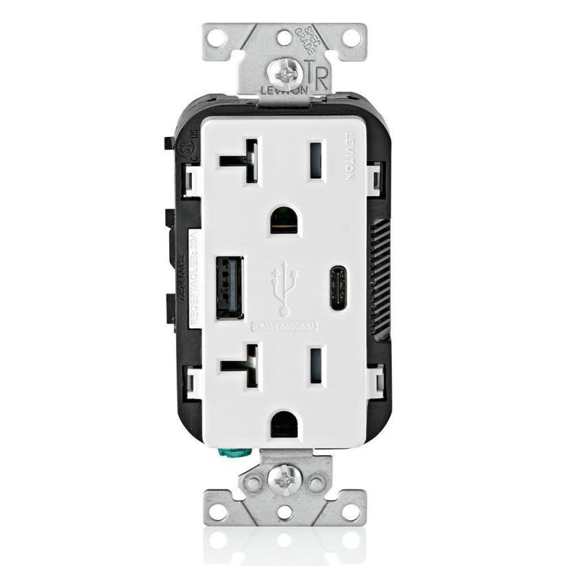 Leviton Decora T5833-W Tamper-Resistant Combination USB Charger/Duplex Receptacle, 20 A, 125 V AC, White